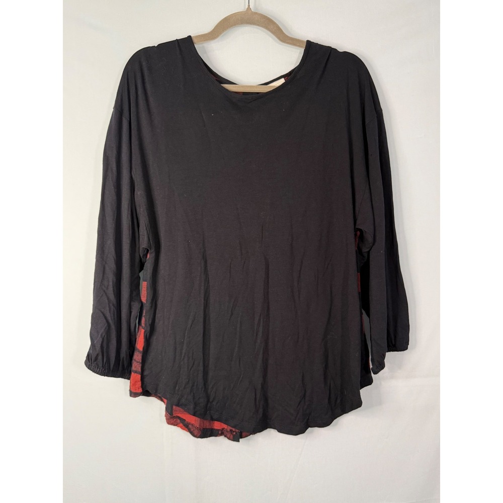 Daytrip Mixed Media Top Womens Medium Black Red Buffalo Plaid Button Back New